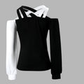 Black and White Patchwork Casual Women's Cross Belt Top