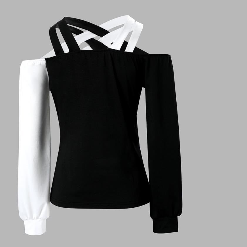 Black and White Patchwork Casual Women's Cross Belt Top