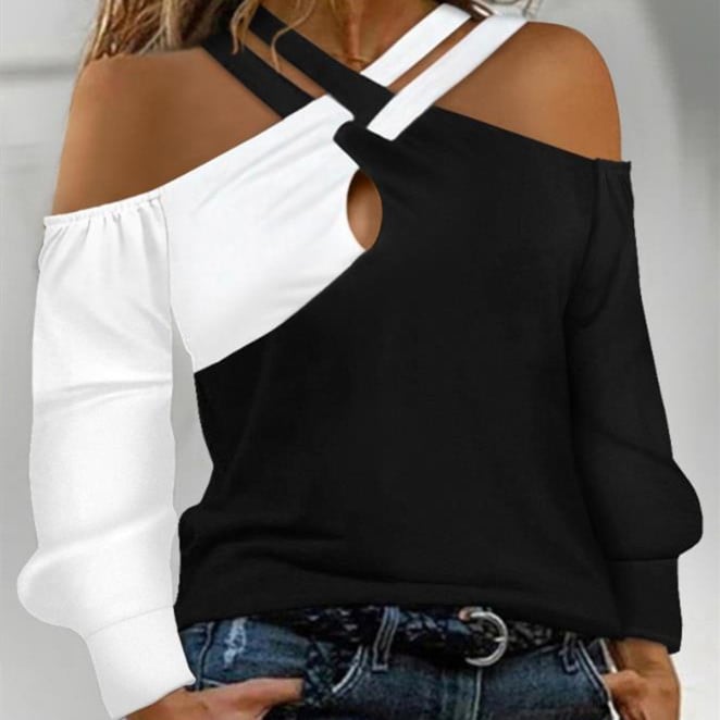 Black and White Patchwork Casual Women's Cross Belt Top